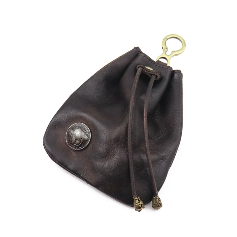Handmade Vintage Wrinkled Coin Purse Top Layer Cowhide Coin Purse Drawstring Pull-out Money Bag