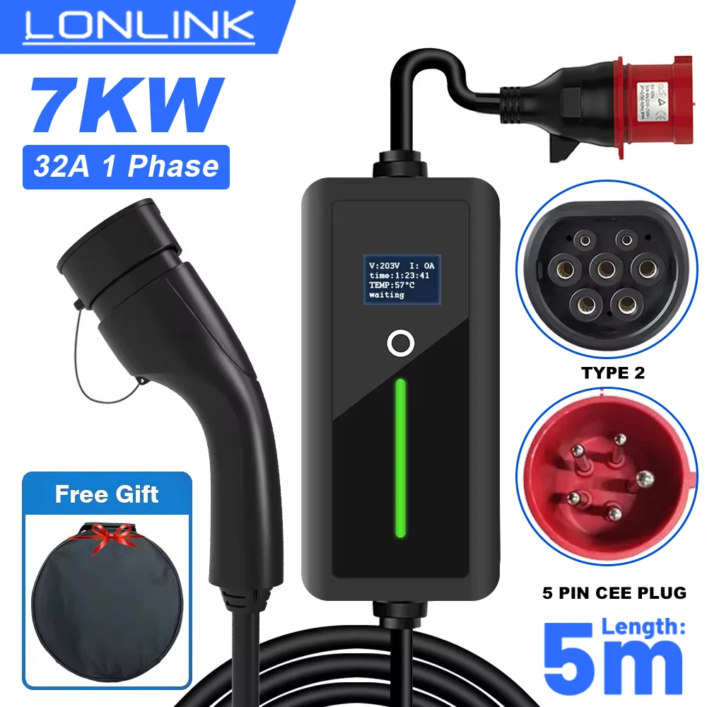 LONLINK Fit ev charger Type 2 charger  32A 1 Phase 7KW Max with 3/5 PIN CEE Plug Compatible with Tesla EV Fit For VW ID Car