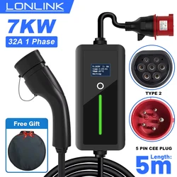 LONLINK-Fit Carregador EV, Tipo 2, 32A, 1 Phase, 7KW Max com 3/5 PIN CEE Plug, Compatível com Tesla EV Fit para VW ID Car