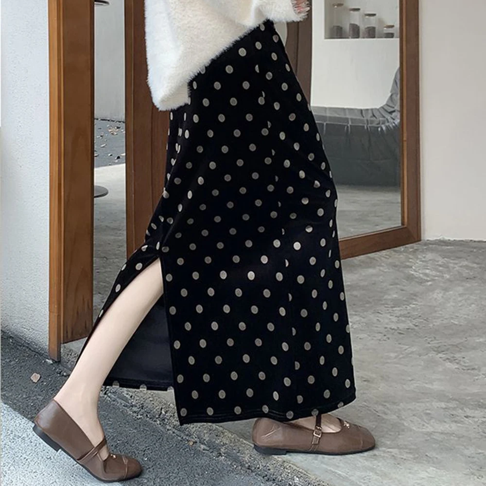 

Черно-золотая бархатная юбка в горошек с разрезом на концах, средняя и длинная, новая прямая эластичная длинная юбка с высокой талией для женщин