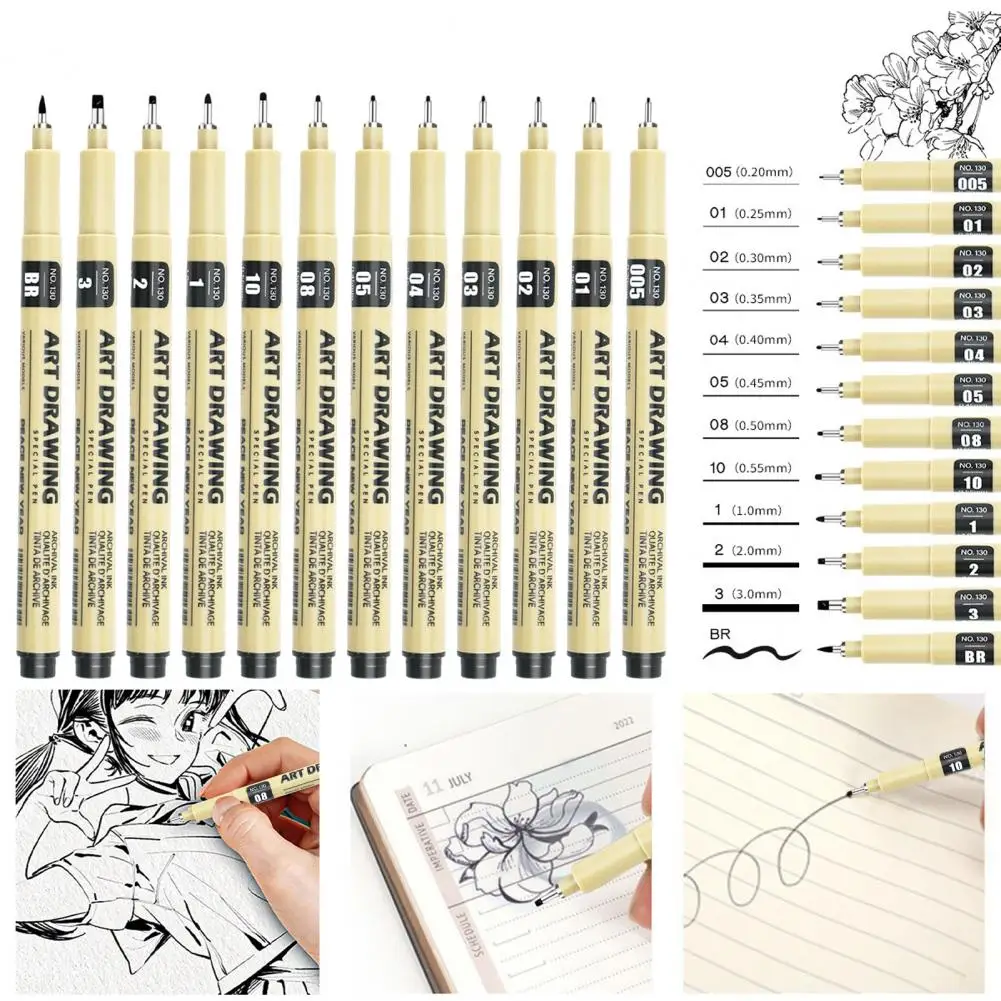 Impermeável agulha caneta Fineliner Set, 12 diferentes larguras de linha para artistas, esboçando ilustração