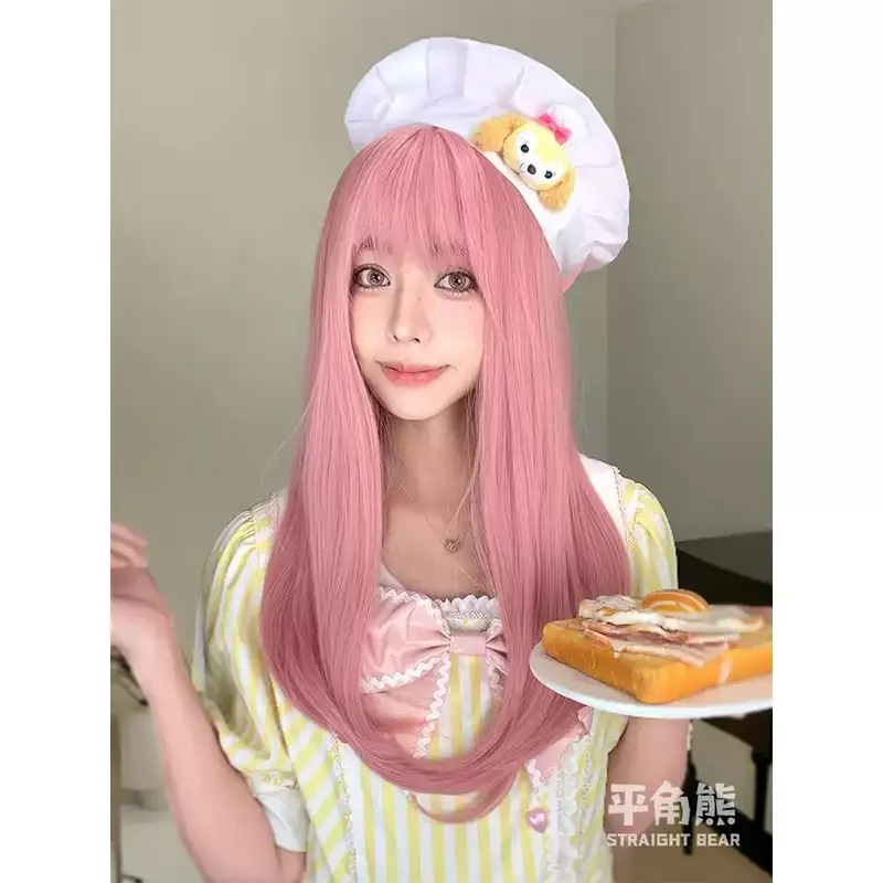 Sweet Peach‑Pink Long Straight Full Wig Heat‑Resistant Synthetic Wig Cute Anime Look for Daily Matching Cosplay and Themed Party