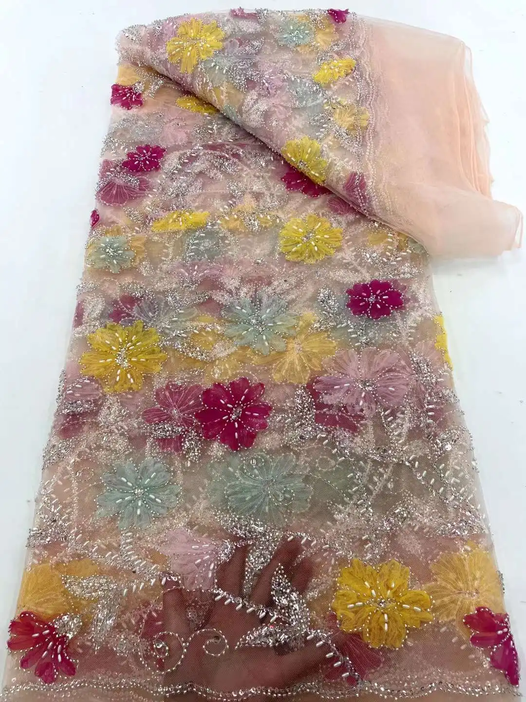 

African Beads Groom Tulle lace Fabric 2024 High Quality Sequins Embroidery French Tulle Laces For Nigeiran Party Dress WS