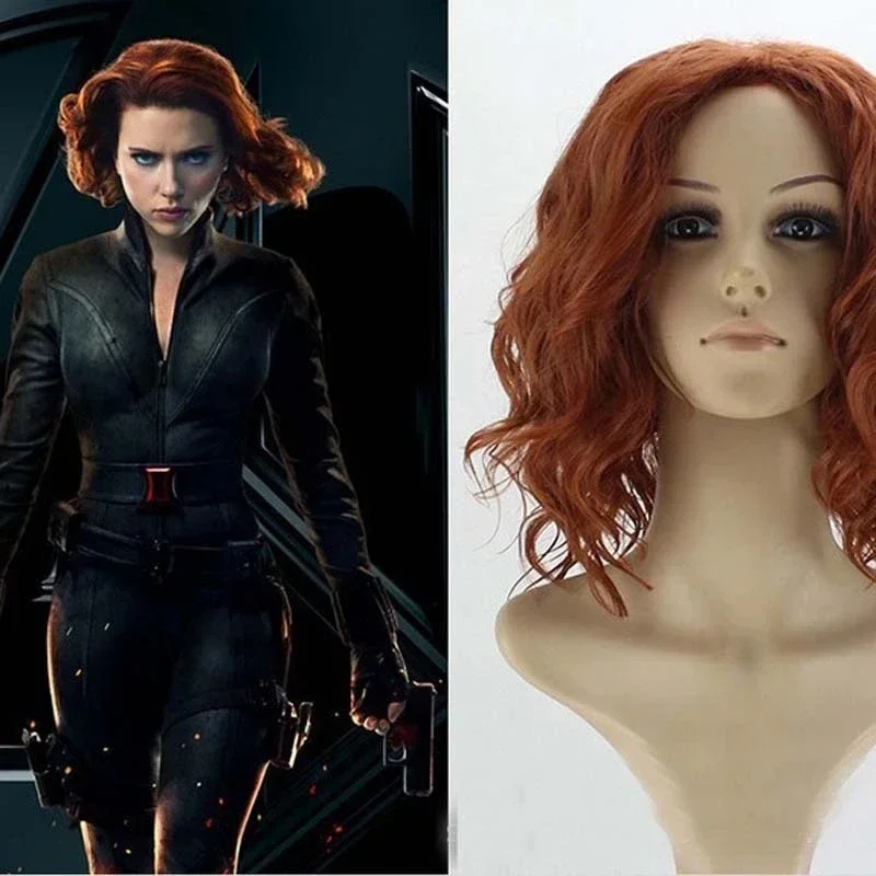 Black Widow Cosplay Wigs Natasha Romanoff Short Curly Mixed Red Brown Heat Resistant Synthetic Hair Free Wig Cap MN8