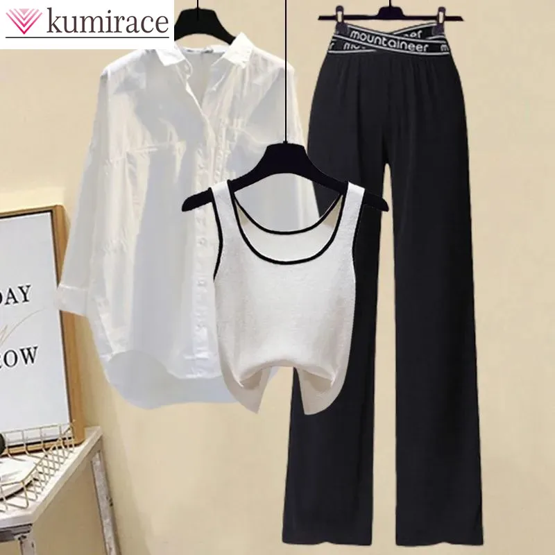 

Sexy Suspender Vest Chiffon Shirt Blouse Letter Printed Wide Legged Pants Three Piece Elegant Women's Pants Set Casual Outfits