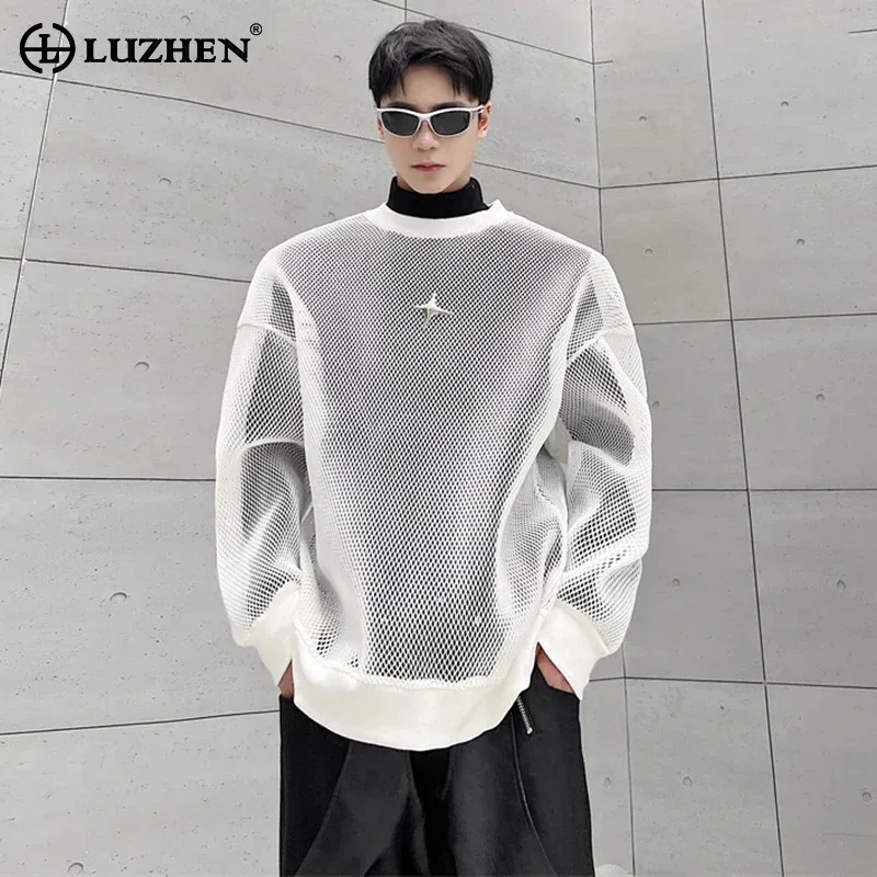 LUZHEN 2024 Autumn High Street Perspective Original Mesh Design Sweater Men\'s Fashion Metal Buckle Decorate Casual Tops LZ3027