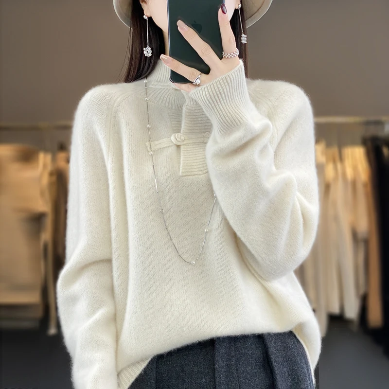 Women 100% Merino Wool Knitted Basic Sweater Half-high Collar Pullover Autumn Winter Chinese Style Buckle Thickening Soft Top