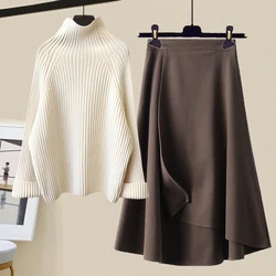 Fall Winter Warm 2 Pieces Sets For Womens Outfit Korean Casual Turtleneck Pullover Knitted Sweater+irregular Skirts Sets 2024