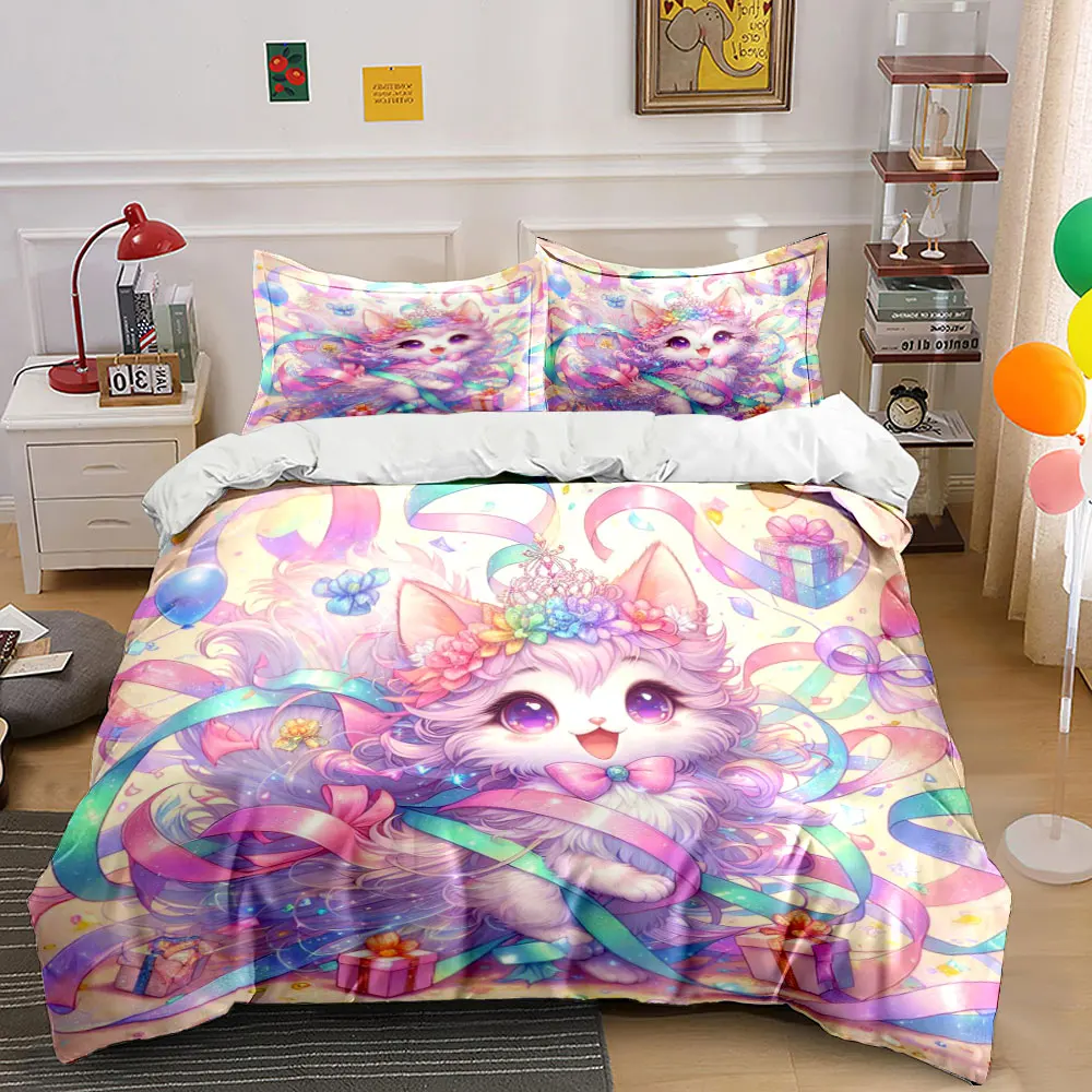 Dreamy ribbons and adorable cat celebration Printed Duvet Cover Set1 Duvet Cover+2 PillowcaseMulti Size Bedroom Bedding Decor