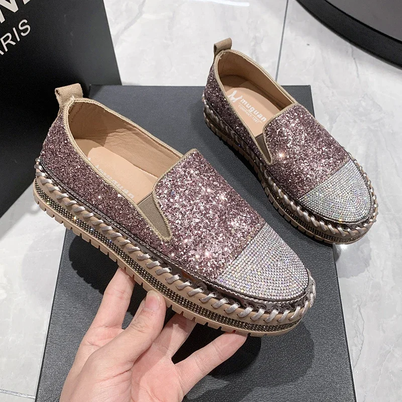 Women Shining Rhinestone Flats Loafers Slip-on Thick Botton Casual Woman Crystal Shoes Female Fashion Sneakers Sports Running