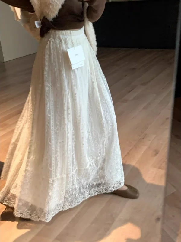 

Юбка макси А-силуэта с кружевными вставками и эластичным поясом, осенне-зимняя, для женщин, для повседневной носки