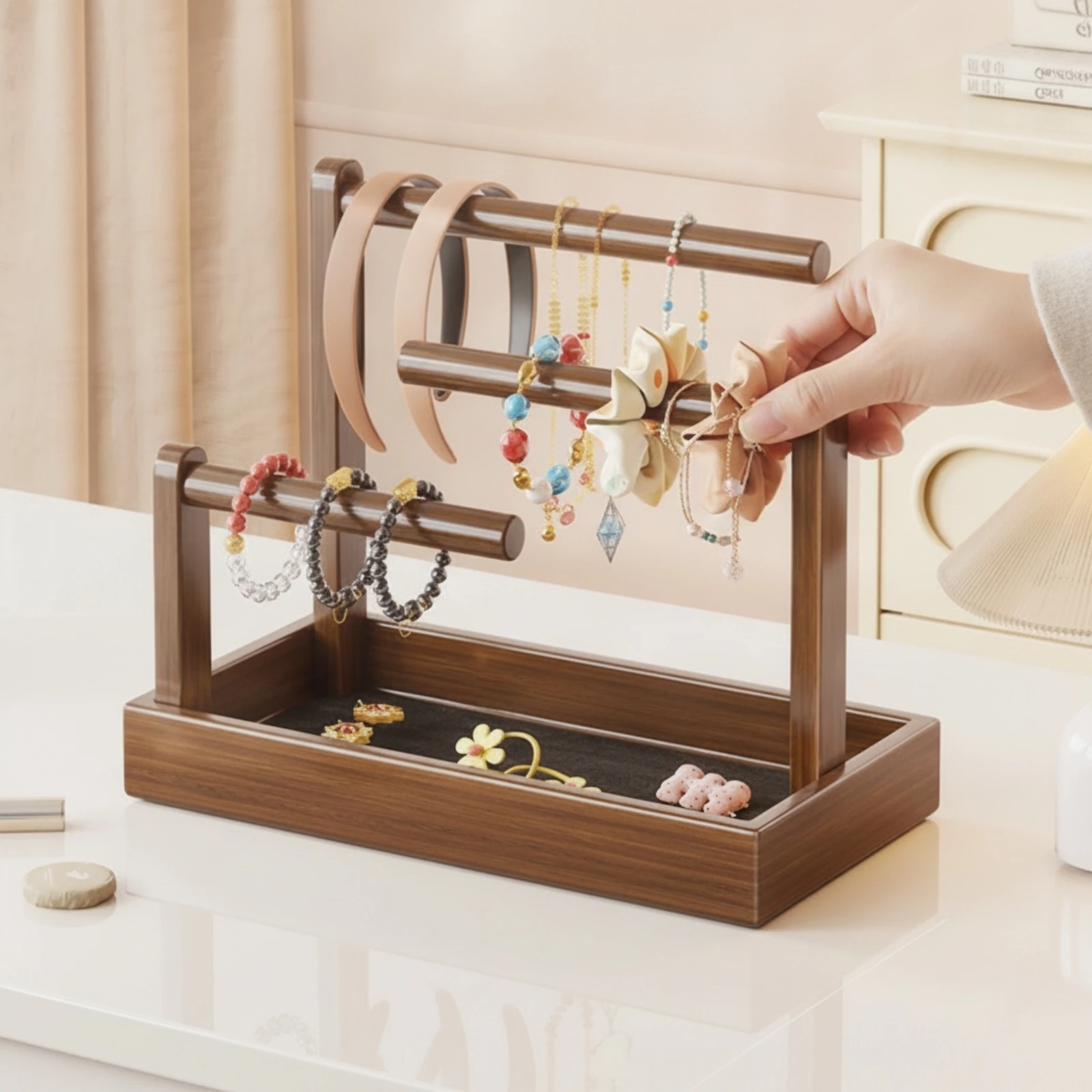 Headband Holder with Tray 3-Tier Headband Organizer with Tray Bracelet Display Elegant Space-Saving for Women, Vanity, Dresser
