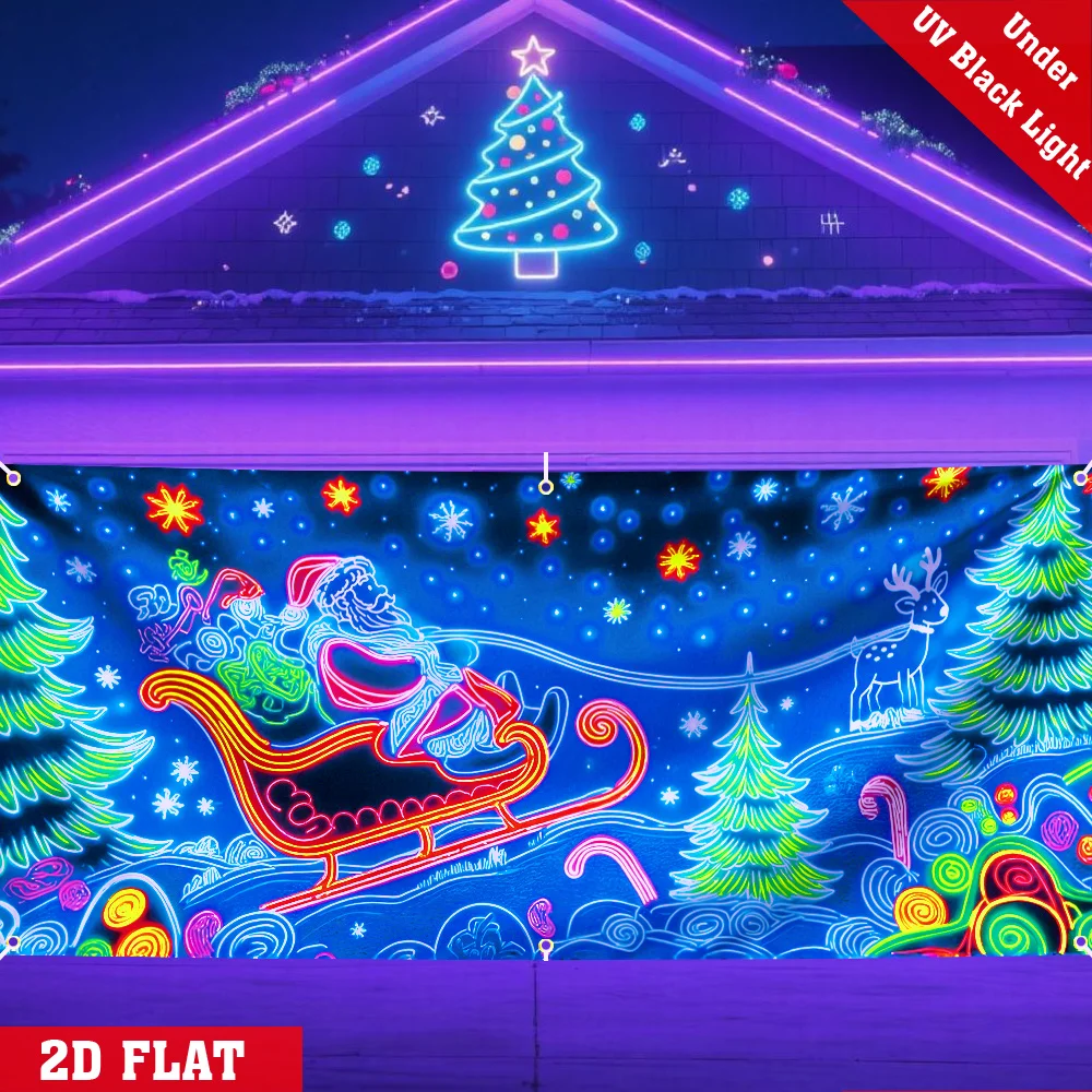 2D Flat, Tapestry 2D Door Banner 2D Flat, 1pc UV Fluorescent Christmas Garage Door Banner- Luminous Santa Claus And Sleigh Desig