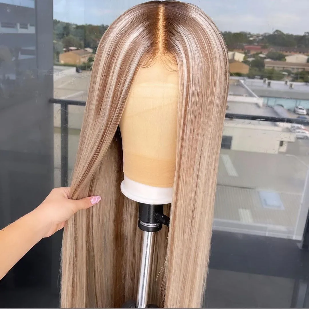 Women Lady Long Straight Lace Front Wig Natural Golden Honey Blonde Highlights HD Lace Wigs for Women Party Reze maomao cosplay