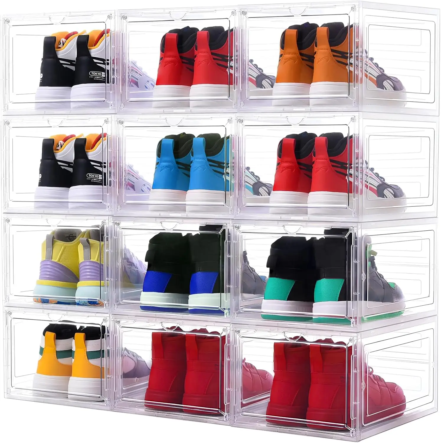 

Clear Shoe Storage Boxes, 12 Pack Stackable Plastic Sneaker Display Cases with Magnetic Doors, Fit US Size 13