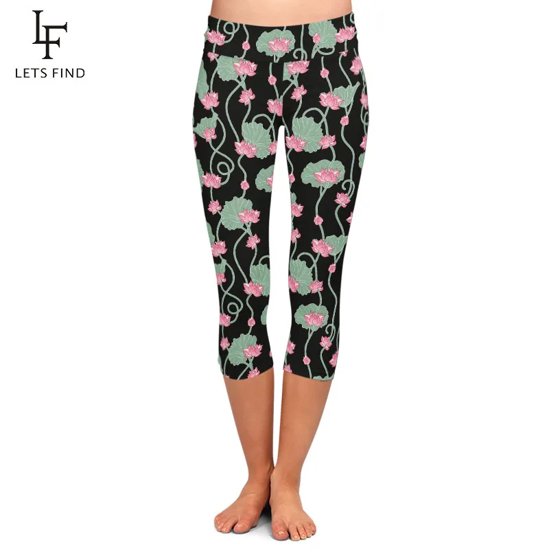 LETSFIND Beautiful Lotus Flowers Design Milk Silk Print Women Capri Leggings High Waist Fitness Soft Slim Leggings