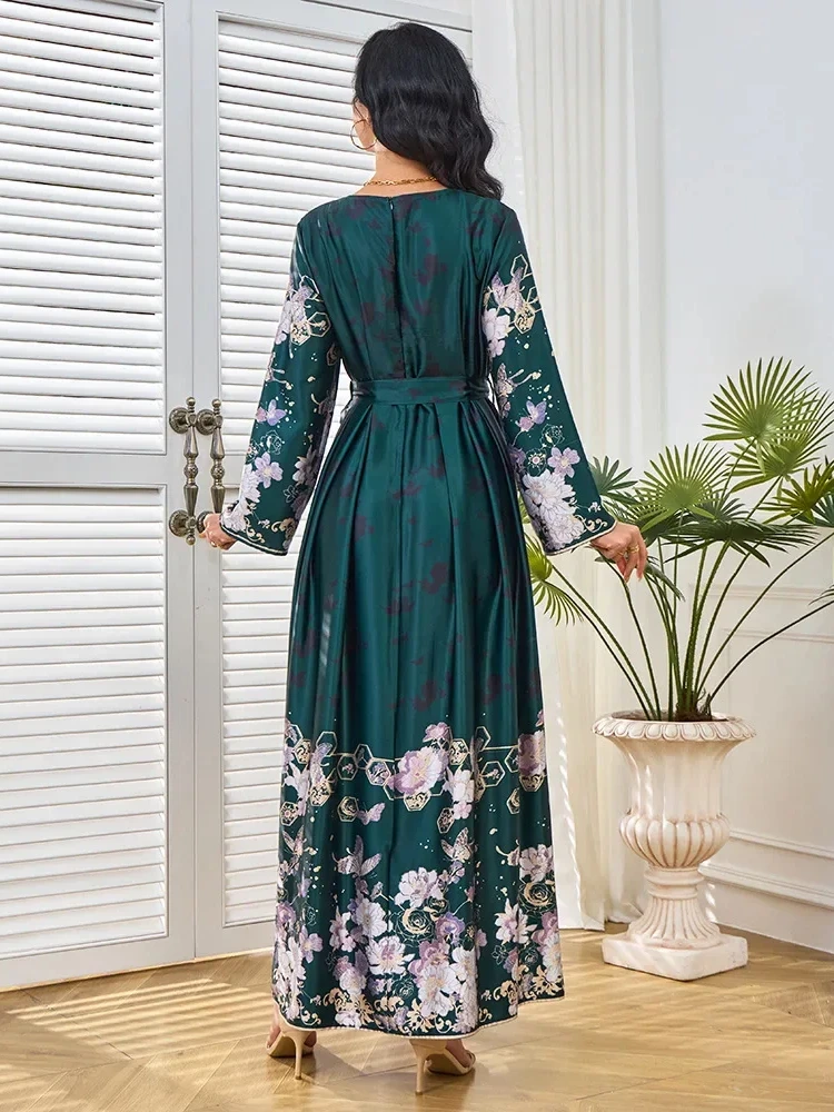 Abaya Kaftan Flower Print Dress Muslim Party Vestidos Sashes Jalabiya Eid Ramadan Morocco Dubai Abayas Islam Arab Long Robe