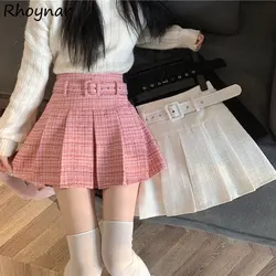 Pink Cute Skirts Women with Lining and Belt Design Preppy Style Tender Mini Sweet Faldas Fall Winter Slim Schoolgirl Ins Dating