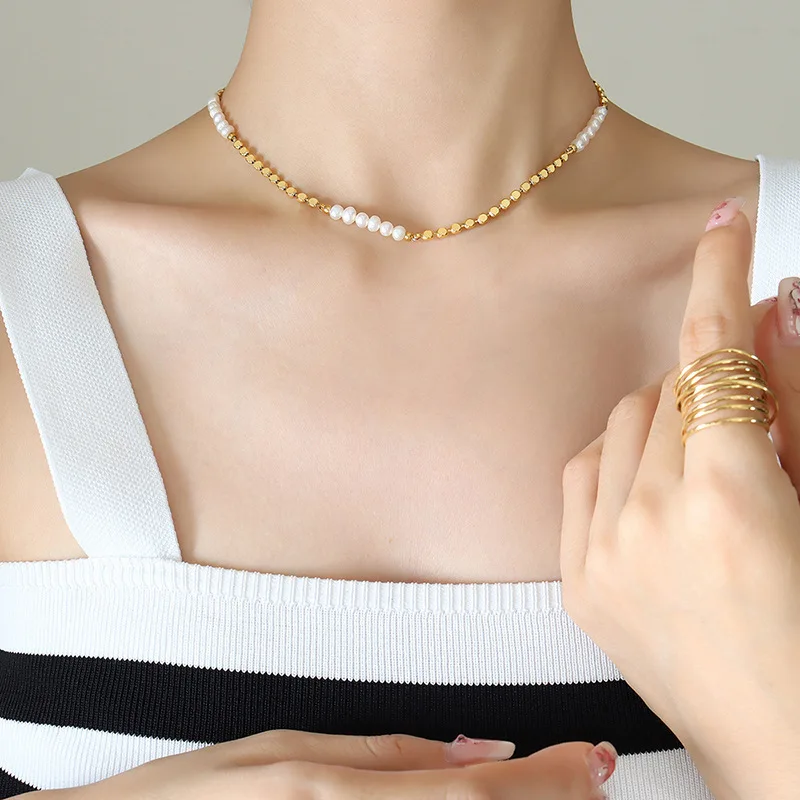 Heißer Verkauf Trendy Flache Gold Perlen Natürliche Süßwasser Perle 14K Gold Gefüllt Damen Kurze Kette Halskette Geburtstag Geschenke Kein verblassen – Detail 6