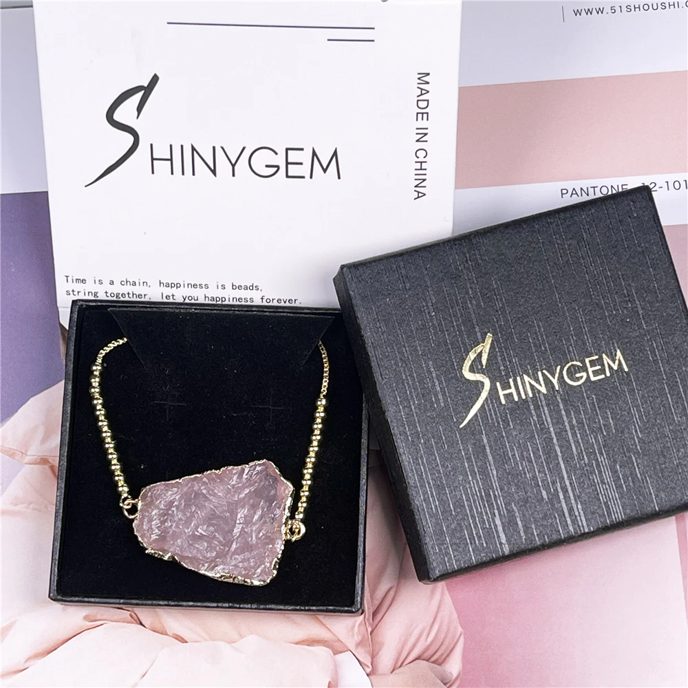 

shinygem wholesale unique handmade hammering surface craft natural rose quartz crystal bracelet jewelry women