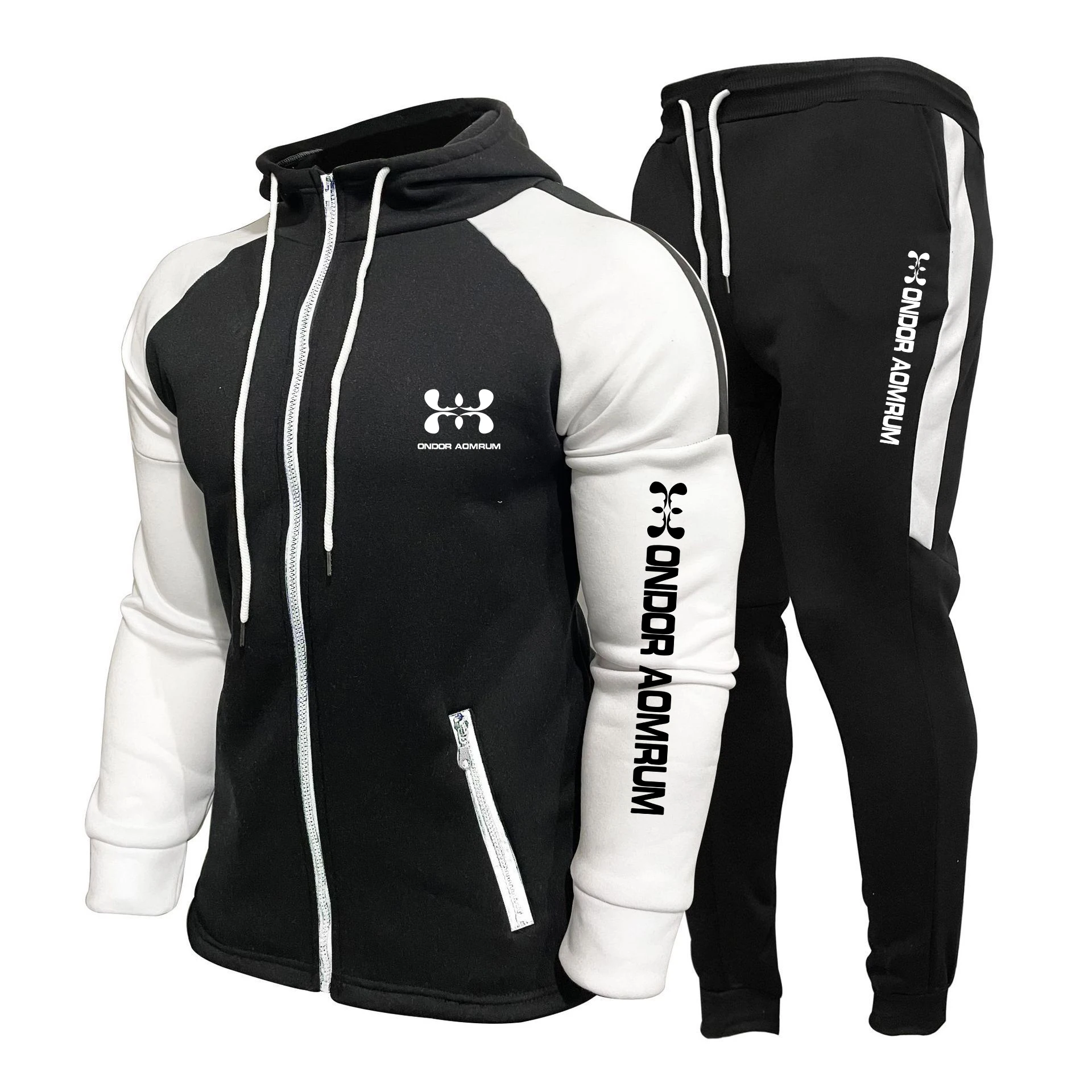 طقم سويت شيرت رجالي جديد بأكمام طويلة وقلنسوة مع صوف وسترة مريحة وسترة منقوشة بالألوان