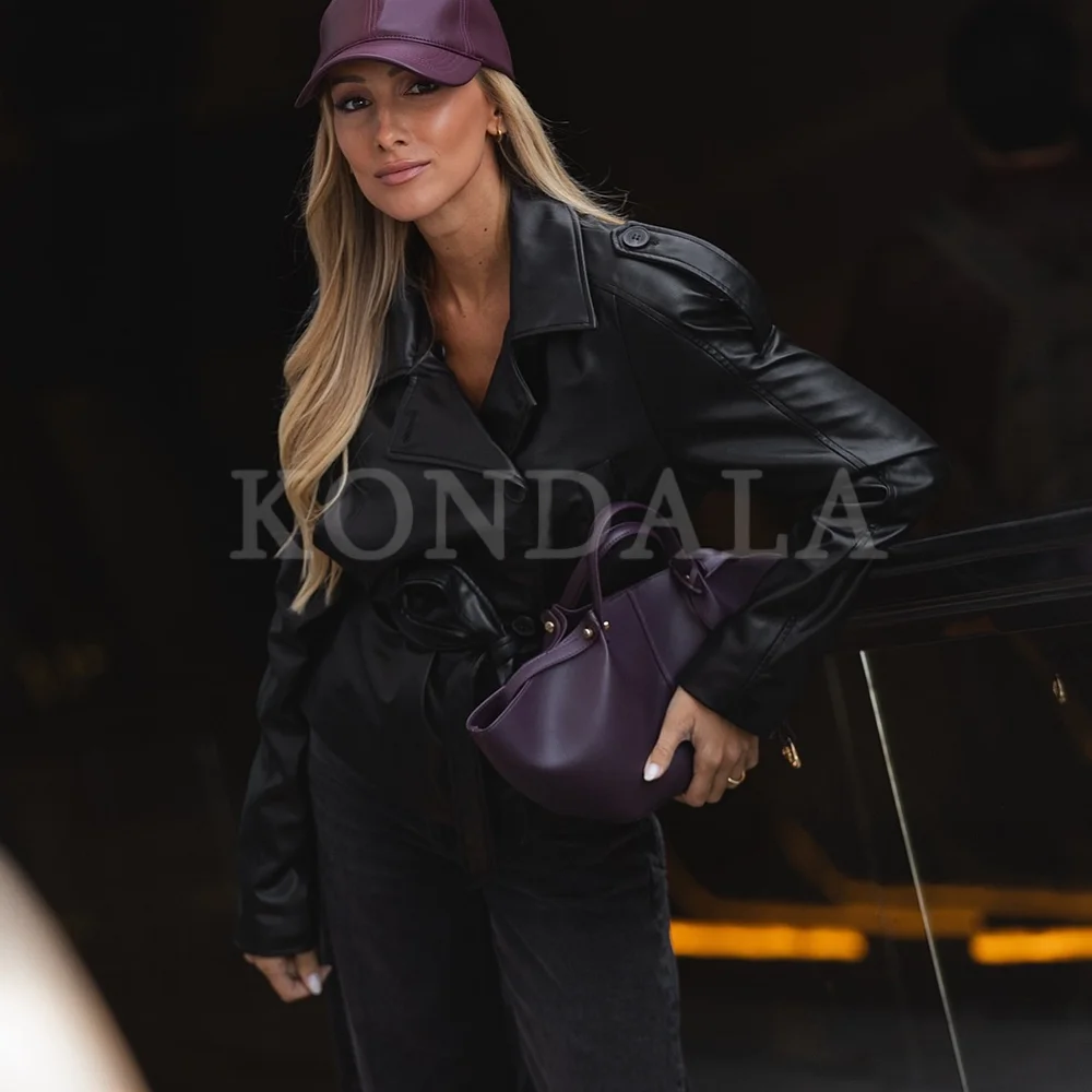 KONDALA 2025 Herfst Winter PU Leer Streetwear Vrouwen Zwarte Jassen Mode Sjerpen Kraag Dames Elegante Chic Jassen