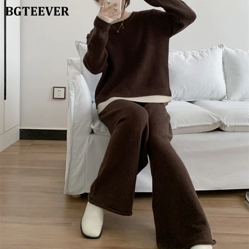 BGTEEVER Casual Warm Loose Female Knitted Outfits O-neck Long Sleeve Pullovers Sweaters & Wide Leg Pants Ladies 2 Pieces Set