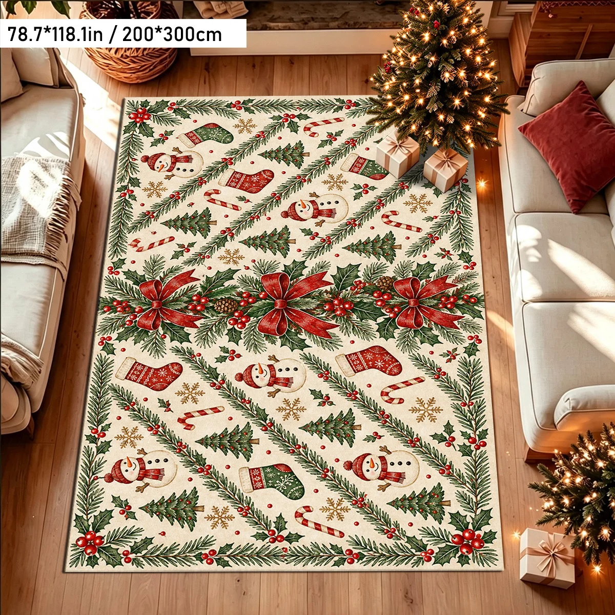 1pc Christmas Printed Area Rug, Christmas Element Pattern, Machine Washable, for Living Room, Bedroom, Balcony, Entryway, Study