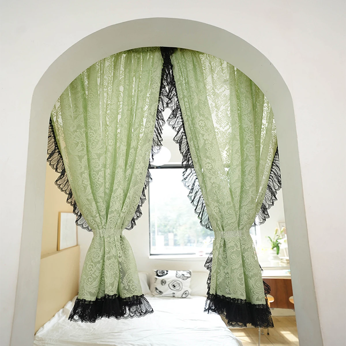 

1PC, American Vintage Black Lacework with Green Jacquard Sheer Floral Curtains For Bedroom Romantic Elegant Living Room Decor