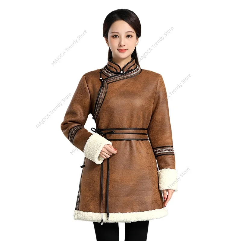 

Autumn Winter New Arrival Improved Mongolian Style Women's Coat Faux Fur Shearling Mid-length Ethnic Jacket
