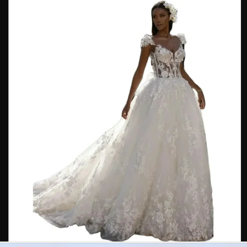 Customized  Cap Sleeves  Lace Appliques   A-Line  Wedding Dress  Vestido De Casament  Backless  Beach  Bridal Gowns