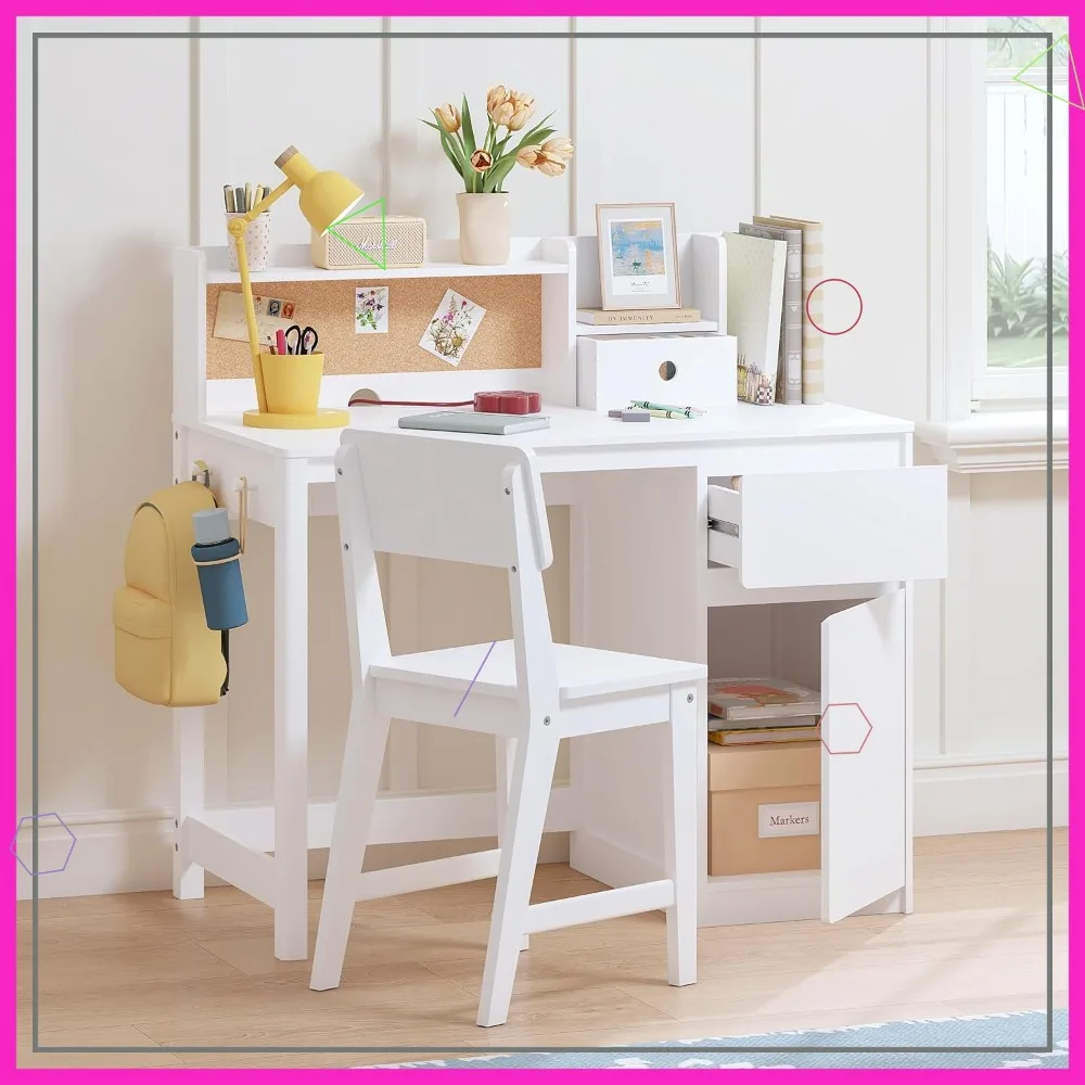 

Kids Desk and Chair Set, Study Desk with Hutch for Ages 5-12, Wooden Student Writing Table Computer Workstation