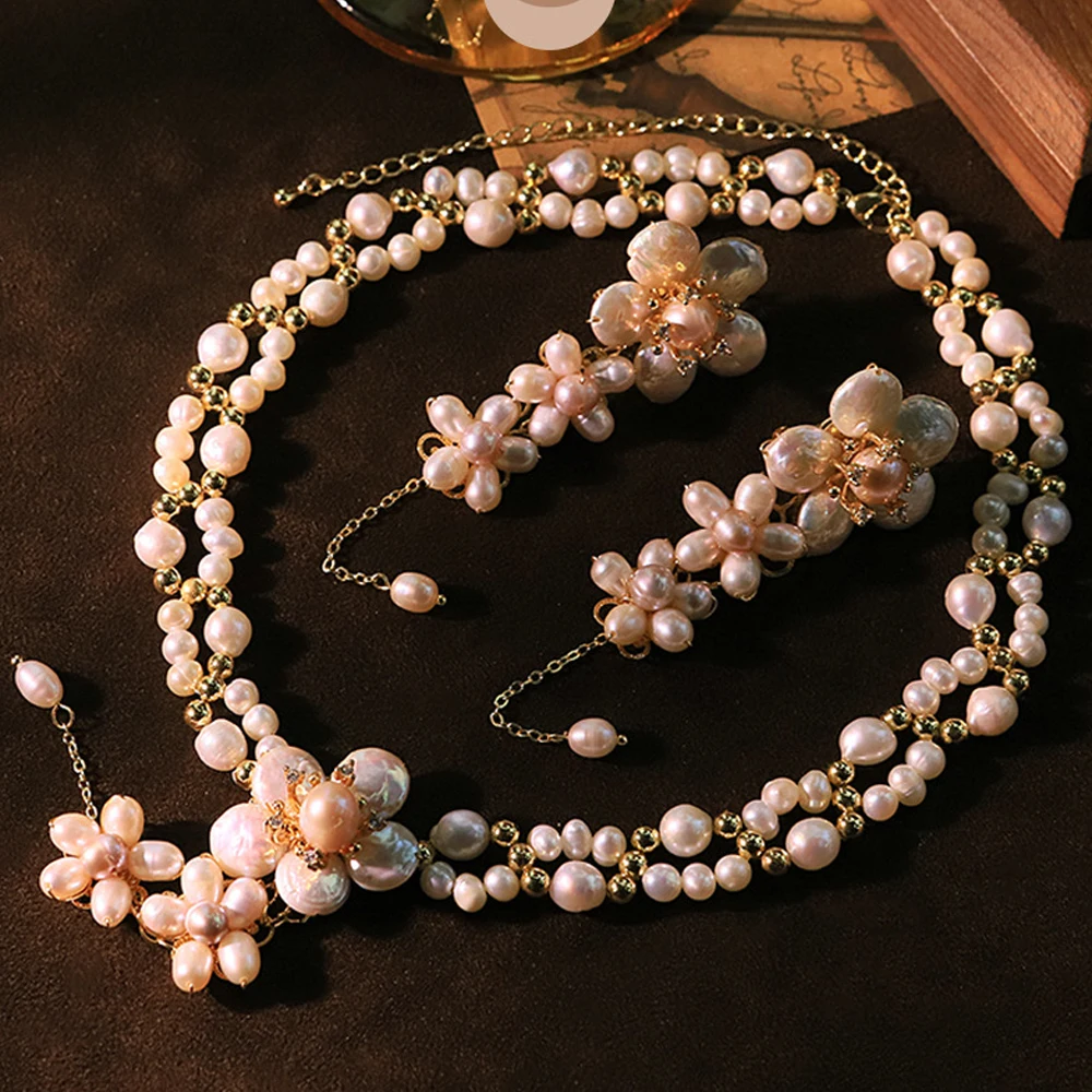 

Кулон с натуральным жемчугом и цветком, ожерелье, серьги-гвоздики, комплект, женское очаровательное колье с кисточками, эффектный воротник, модный дизайн, ювелирное изделие, подарок