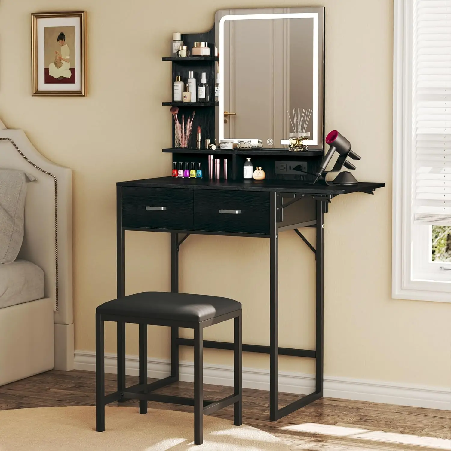 

Makeup Vanity Desk with Mirror and Lights, Small Vanity with Fabric Storage Drawer & Chair & Shelves, Vanity , Customized