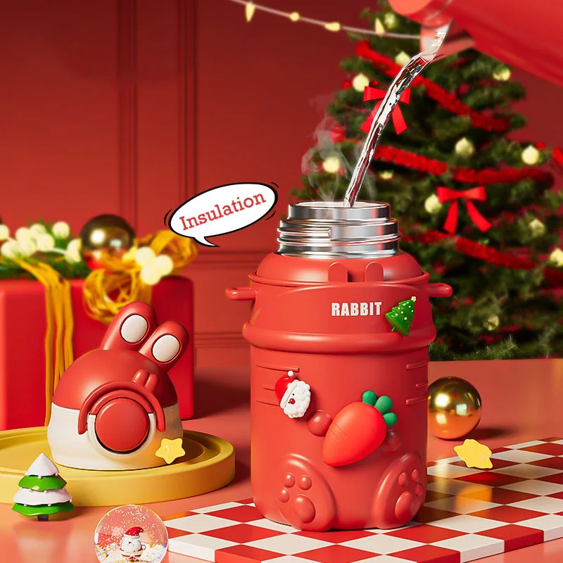 500ML Display Temperature Christmas Thermal Cup with Cup Sleeve Leak-Proof Children Straw Water Bottle Xmas Gifts Decoration