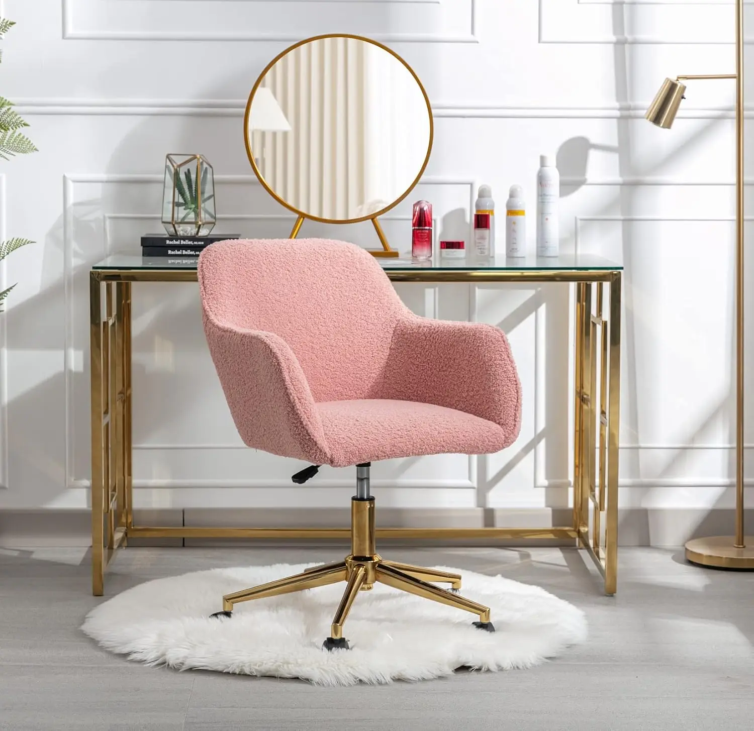 

Modern Home Office Chair, Upholstered Swivel Chair Makeup Vanity Chair For Teen Girls Swivel Desk Chair With Gold Base, Height