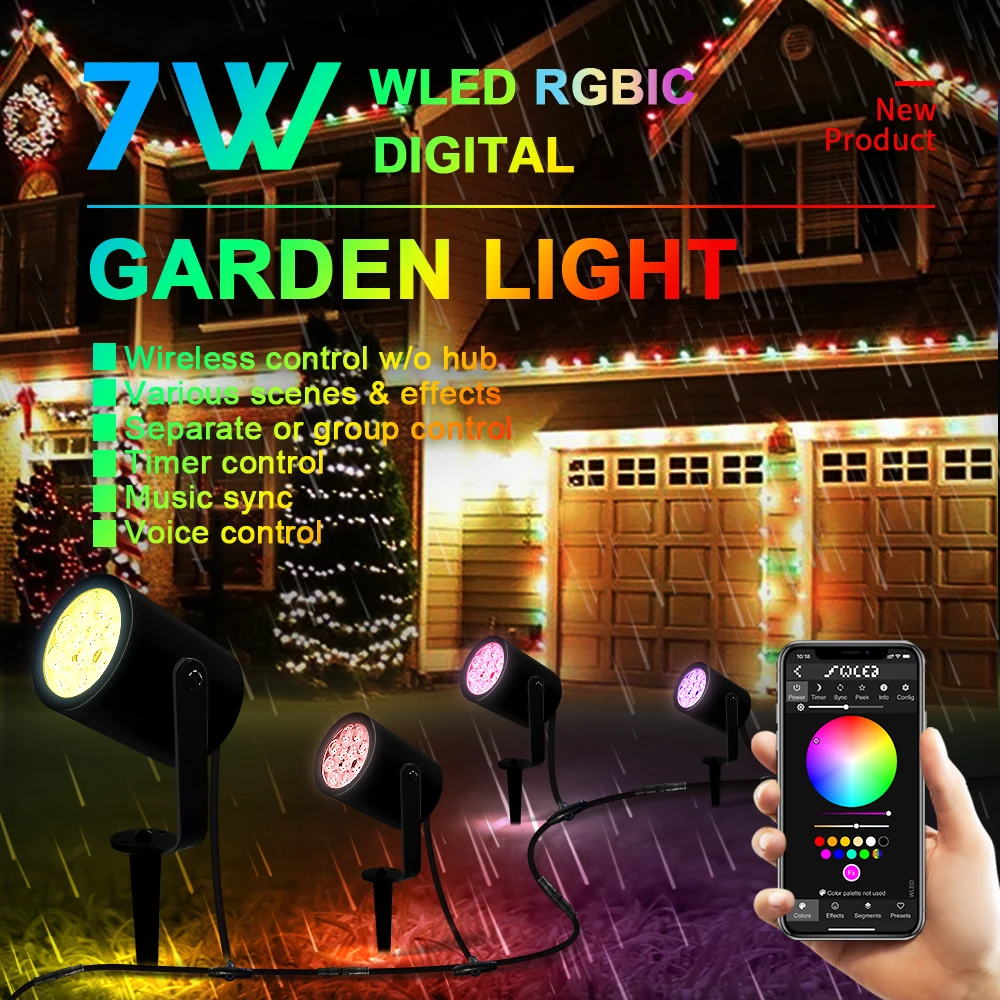 مصباح حديقة لاسلكي مقاوم للماء من gledopt ، WLED ، RGB ، IC ، إضاءة رقمية قابلة للعنونة ، إضاءة فناء ذاتية الصنع ، تحكم ذكي في التطبيق ، IP66 ، 7W