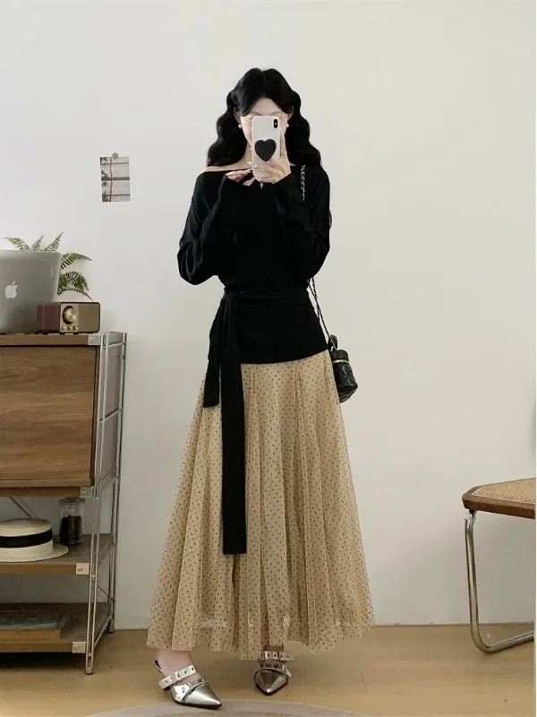 

plus Size Fashion Set Korean Style One Shoulder Long Sleeve Polka Dot Net Skirt High Waist A-Line Midi Dress Autumn New Design