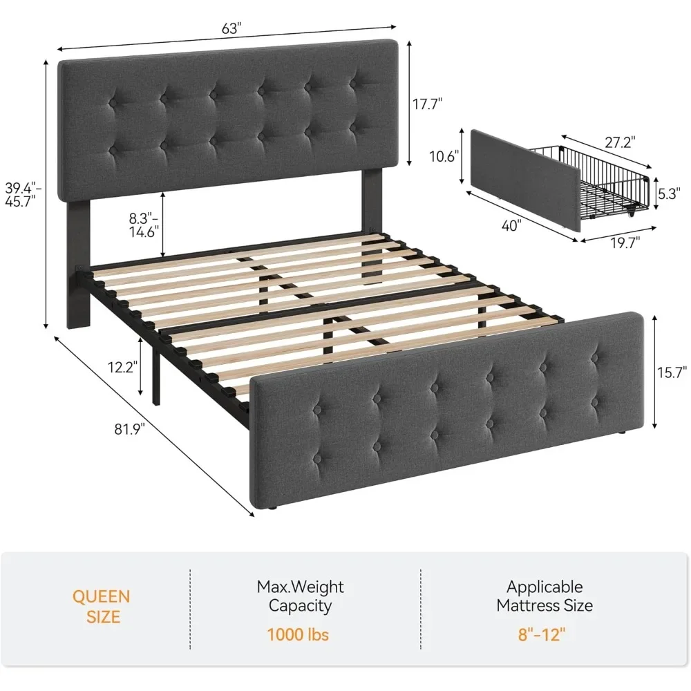 Bed Frame with 4 Storage Drawers and Headboard, Linen Upholstered Platform Bed Frame with Wooden Slats Support