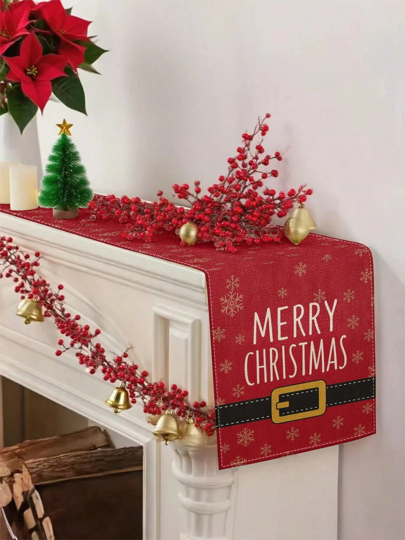 Merry Christmas Snowflake Santa Belt Red Table Runner Festive Christmas Dining Table Decoration Durable Holiday Party Essential