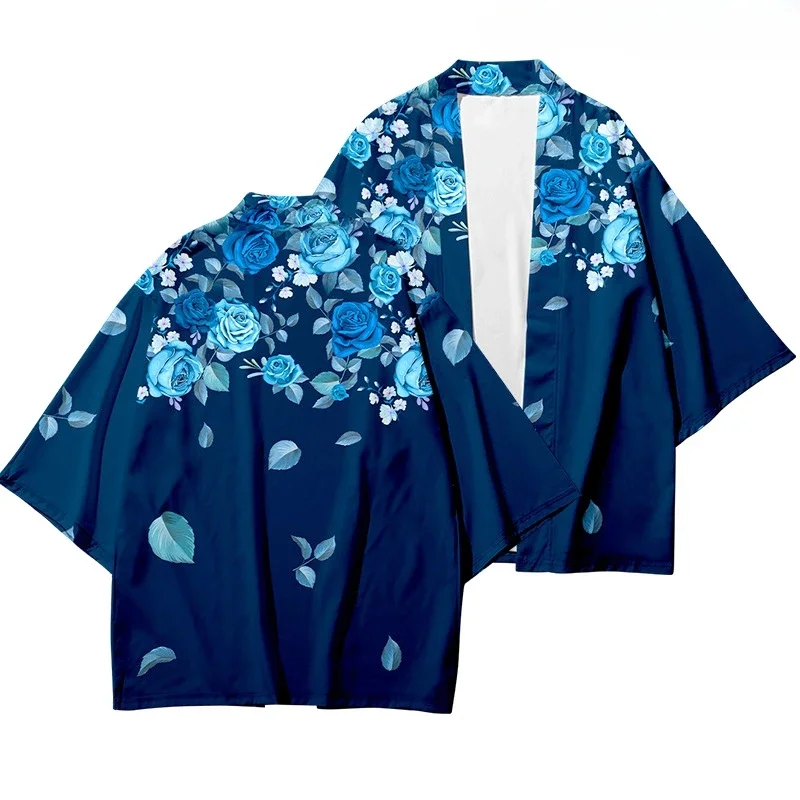 Sakura flores estampado Yukata hombres mujeres moda cárdigan blusa Haori Obi ropa asiática Harajuku japonés Cosplay Kimono