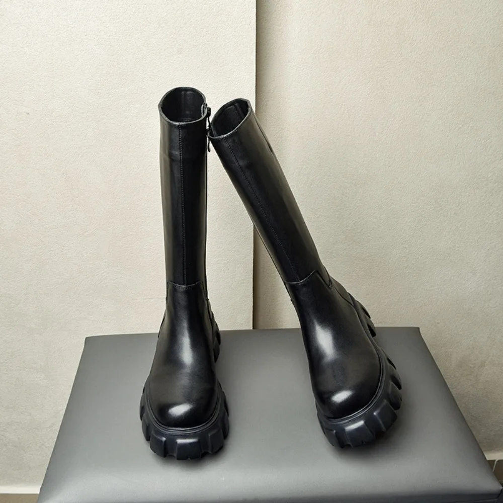 Men Knee High Boot Thick-soled Long Boots Round Toe Platform High Boots Fashion Knight Boots Zipper Genuine Leather Men Shoes