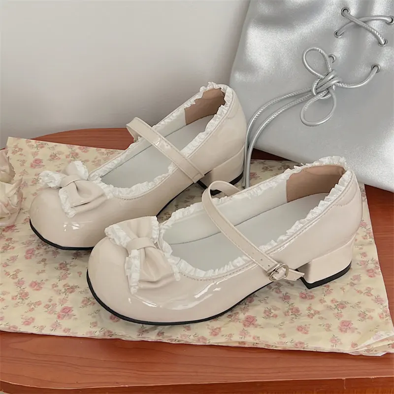 Pink Cute Ballet Shoes Women sweet Bowtie Lolita shoes Round Toe Chunky Heel Mary Jane Shoes Ladies Elegant Shallow Sandals