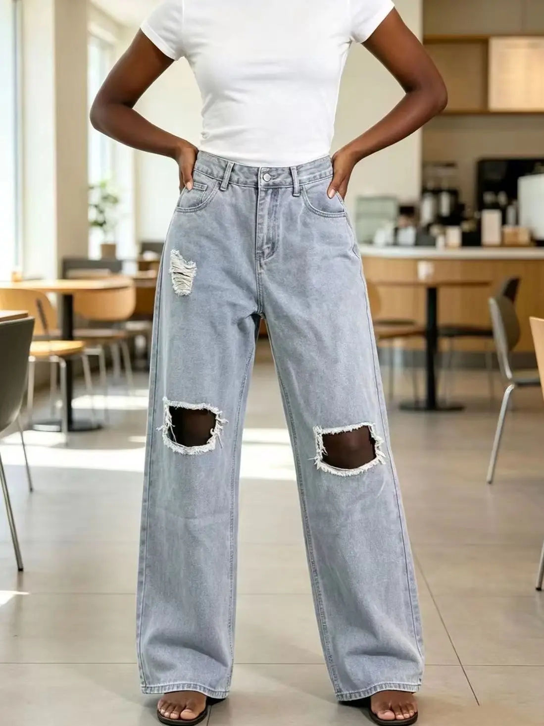 Vintage Light Blue High Waist Wide Leg Jeans Women Rectangular Ripped Frayed Design Streetwear Slim Fit Versatile Long Pants