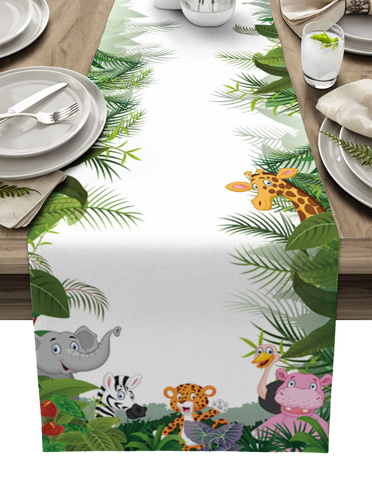 

Jungle Animal Cartoon Giraffe Elephant Linen Table Runners Kitchen Table Decoration Dining Table Runner Wedding Party Supplies