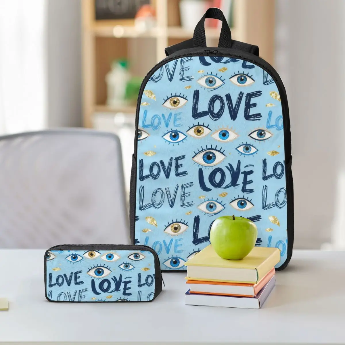 Evil Eye Print Backpack Boys Girls BookBag School Bag Shoulder Bags 3ps Insulated Lunch Bag Pencil Case