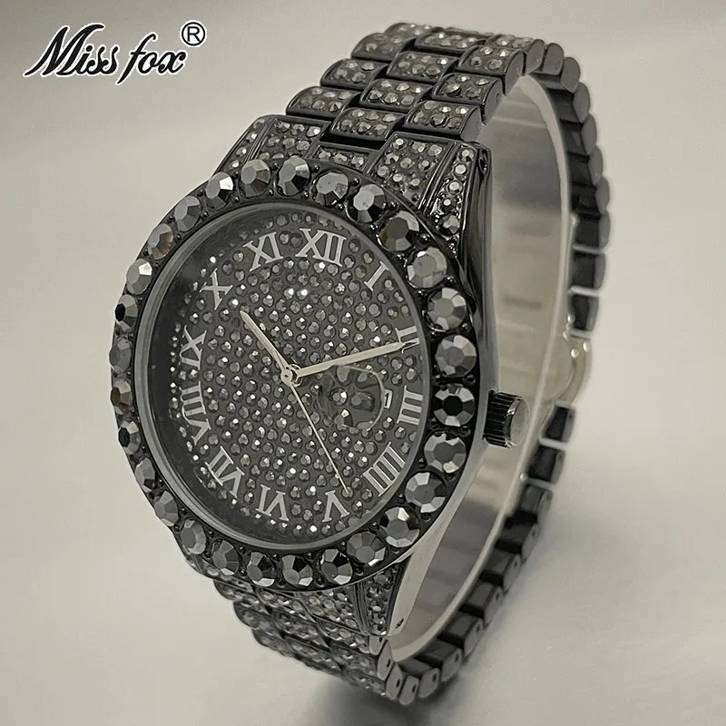 MISSFOX Cool Black Iced Watch For Men Fashion Stainless Steel Quartz Clocks Man Hip Hop Diamond WristWatch Reloj Free Shipping