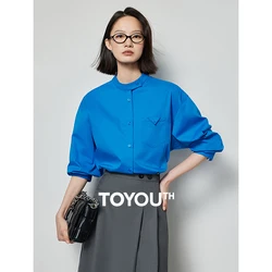 TOYOUTH Women Shirt 2024 Spring New Solid Color Mandarin Collar Button Closure Fake Pocket Long Sleeve Office Lady Blouse Tops