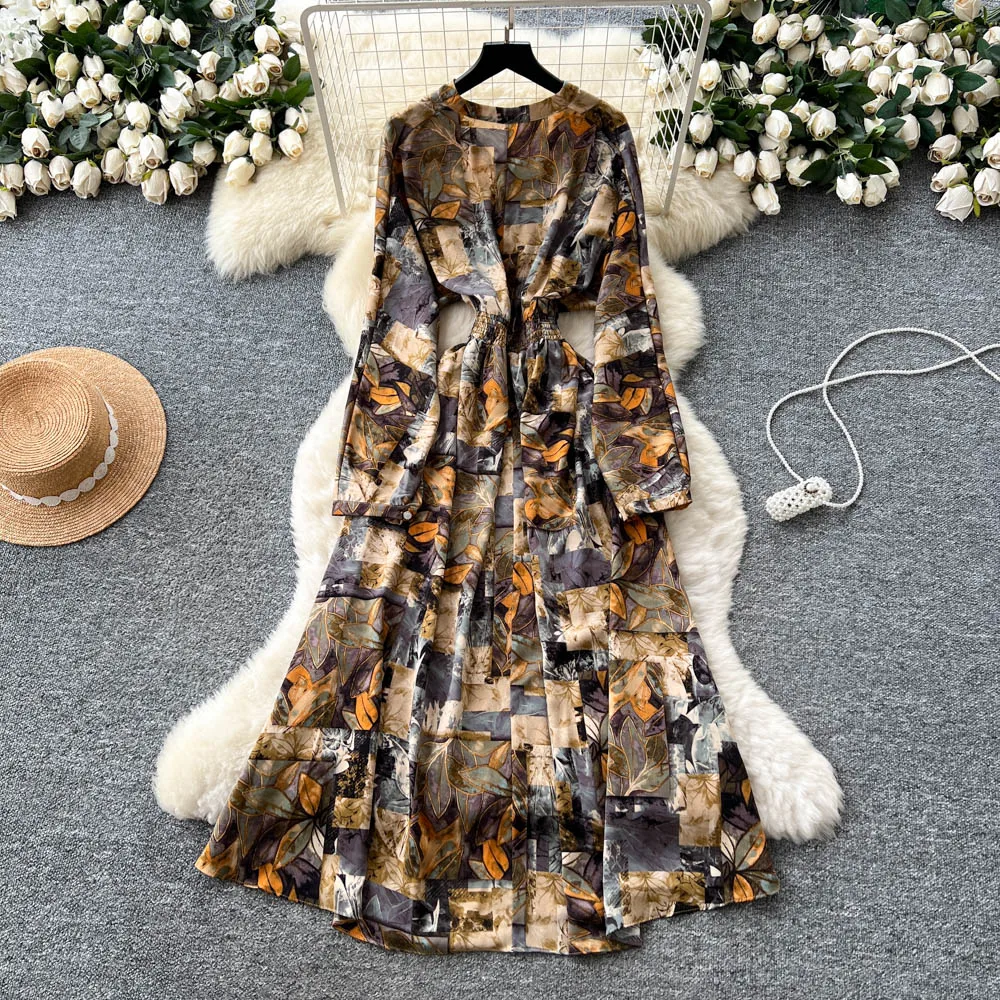 Chic vintage manica lunga scollo a V pieghettato Elegante fata moda coreana Boho abbigliamento donna Abito lungo