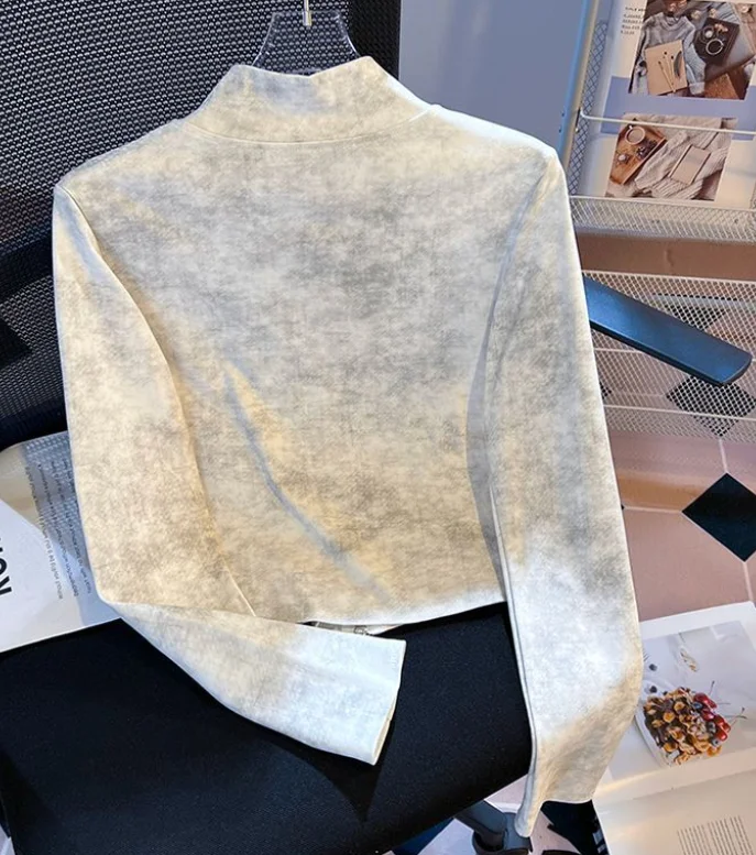 Cardigan For Women Autumn Cool Zip-up Tie-dye Stand-collar Slim-fit Long-sleeve Irregular Kawaii Jacket Top Trendy Rivet